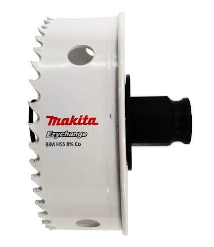 Hålsåg med tandad metallkant, vit kropp, och text: "Makita Ezychange BiM HSS 8% Co", svart fäste.