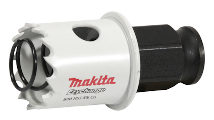 Hålsåg med vit kropp och texten "Makita Ezychange" i rött, svart fäste i bakgrunden.