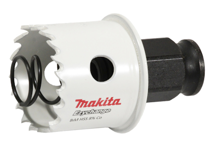 Cylindrisk hålsåg med vit kropp, tandad kant och svart fäste, märkning "Makita Ezychange".