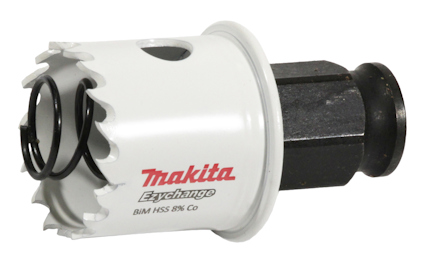 Vit hålsåg med svart fäste och synlig fjäder inuti, märkt med "Makita Ezychange".