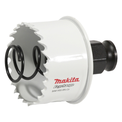 Hålsåg med tandad kant, svart fäste och en fjäder inuti, märkt med "Makita Ezychange".