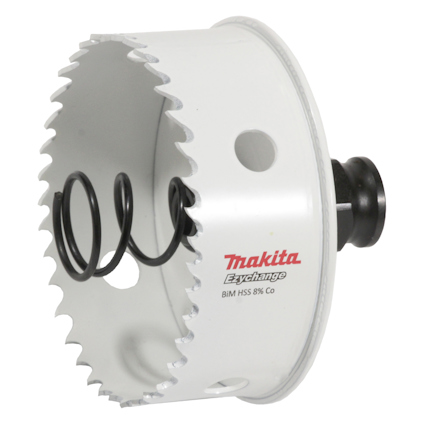 Hålsåg med tandad kant och spiralfjäder inuti, märkt "Makita Ezychange BIM HSS 8% Co".