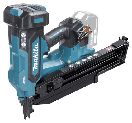 Blå och svart batteridriven spikpistol med handtag, märkt "Makita". Levereras utan batteri.