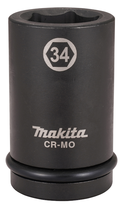 Krafthylsa i svart med texten "34" och "Makita CR-MO" ingraverad på ytan.