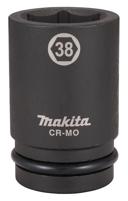 Mörkgrå krafthylsa med texten "38" inuti en sexkant, och "Makita CR-MO" under.