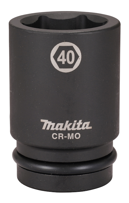 Svart krafthylsa med vit text "40" och "Makita CR-MO". Robust design med sexkantigt mönster upptill.