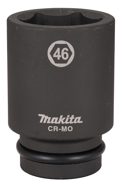 Cylindrisk hylsa i mörk metall med märkning "Makita CR-MO" och siffran "46" i en sexkantig symbol.