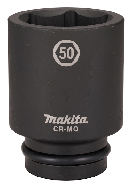 Svart krafthylsa med texten "Makita" och "CR-MO" samt en symbol med numret "50".
