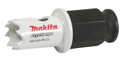 Cylindrisk hålsåg med tandad kant och texten "Makita, BiM HSS 8% Co, Ezychange" på den vita delen. Svart bas.