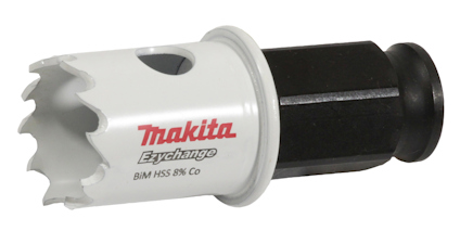 Cylindrisk metallhålsåg med tandad kant och texten "Makita Ezychange BiM HSS 8% Co".