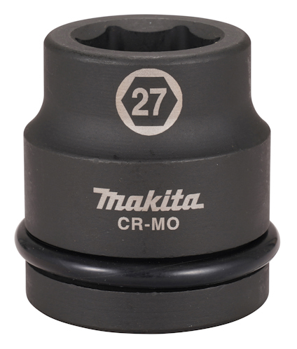 Mörkgrå krafthylsa med texten "Makita CR-MO" och siffran "27" tryckt på ytan, samt en svart ring runt basen.