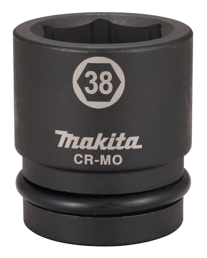 Svart krafthylsa med texten "38 Makita CR-MO" i vit färg på sidan.
