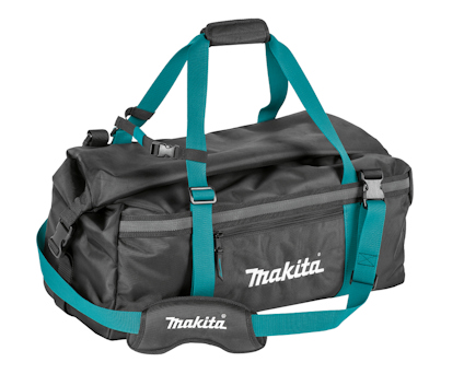 Svart väska med turkosa remmar och handtag, märkt med "Makita" i vitt.