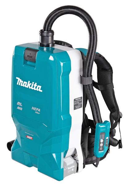 Blå och vit ryggburen dammsugare med justerbara remmar och slang. Märkt med "Makita" och "HEPA filter".