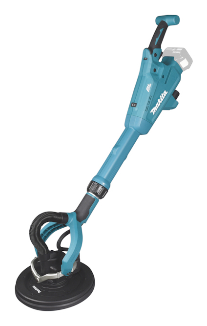 Blå väggslip med svart slipplatta och handtag med kontrollknappar. Märkt "Makita".