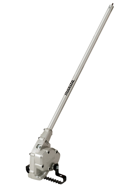 Verktygsdel i metall med långt skaft och tandad kant längst ner, märkt med "Makita".