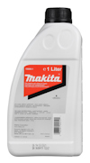 Vit plastflaska med svart skruvlock, etikett med röd och svart text, "Makita 1 Liter" och produktinformation.