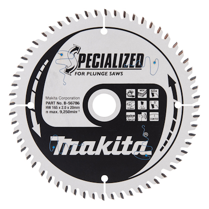 Rund sågklinga med tänder, texten "Makita" och "Specialized for Plunge Saws" samt olika pictogram.