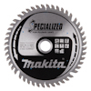 Cirkelsågklinga med 48 tänder, märkning "Makita", "Specialized for Plunge Saws" och detaljerad specifikationstext.