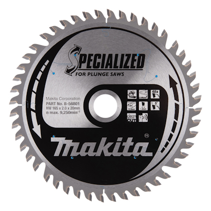 Cirkelsågklinga med 48 tänder, märkning "Makita", "Specialized for Plunge Saws" och detaljerad specifikationstext.