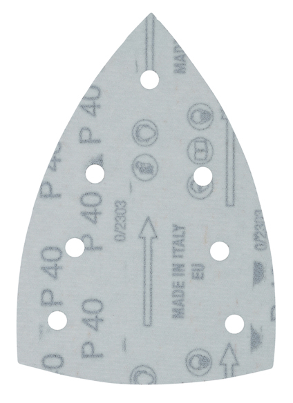 Triangulärt slippapper med kardborrefäste och sex hål, markerat med texten "P 40" och "MADE IN ITALY".