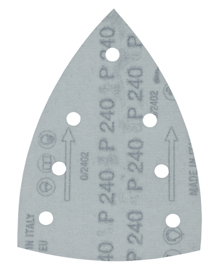 Slippapper i en trekantig form med åtta hål, märkning "P240" och andra symboler och text tryckt på ytan.