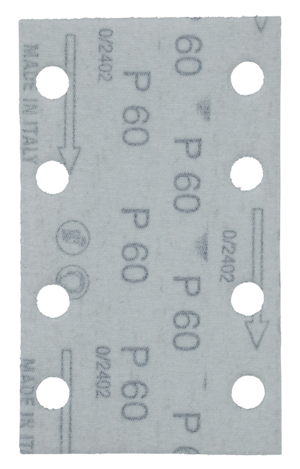 Sandpapper med flera hål, märkt "P 60" i ett mönster över hela ytan.