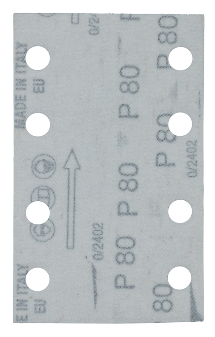 Rektangulärt slippapper med hål och texten "P 80" tryckt på ytan.