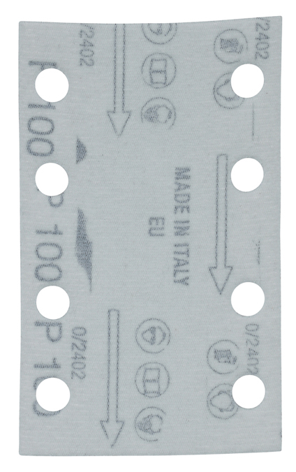 Slippapper med hål, tryckt text "MADE IN ITALY", "100 P", och symboler.
