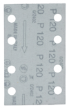 Rektangulärt slippapper med kardborre och flera hål. Text "P120" och "Made in Italy" synlig.
