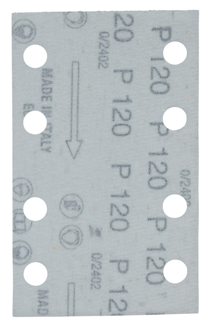 Rektangulärt slippapper med kardborre och flera hål. Text "P120" och "Made in Italy" synlig.