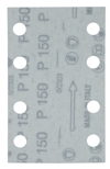 Rektangulärt sandpapper med åtta runda hål och tryckt text inklusive "P150" och "MADE IN ITALY".