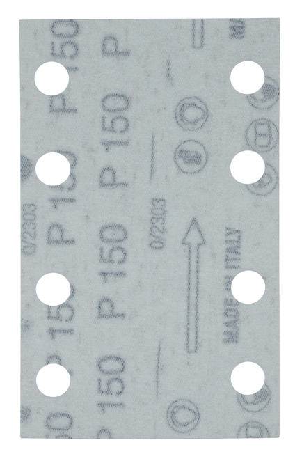 Rektangulärt sandpapper med åtta runda hål och tryckt text inklusive "P150" och "MADE IN ITALY".