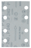Slip pappersark med cirkulära hål och tryckt text, inklusive "P240" och "MADE IN ITALY".
