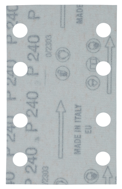 Slip pappersark med cirkulära hål och tryckt text, inklusive "P240" och "MADE IN ITALY".