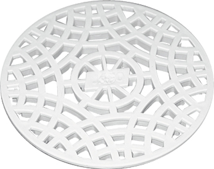 Vit, rund golvbrunnssil med mönstrad design i plast.