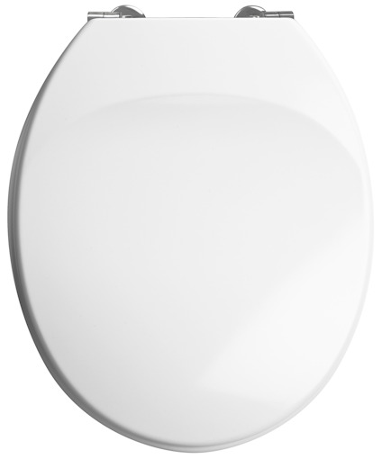 Vit, oval WC-sits med gångjärn ovanpå, i stängd position.