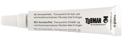 Vit tub med text: "Turman CH". Text på svenska, norska och danska om armatufett för kall- och varmvattenarmaturer.