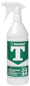 Sprayflaska med vit och grön etikett, text "Kemetyl T" och "Kallavfettning".