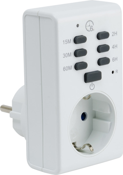 Vit elektrisk timerenhet med flera knappar märkt 15M, 30M, 60M, 2H, 4H, 6H och en rund uttagskontakt.