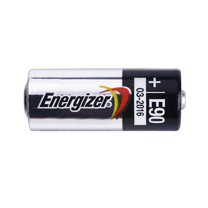 Alkaliskt batteri Energizer E90, svart och silver med text "Energizer" och "+"-symbol.