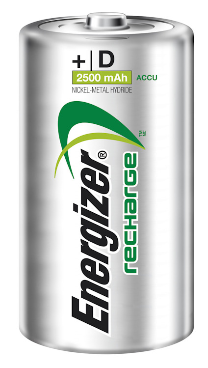 Ett uppladdningsbart D-batteri med texten "Energizer Recharge", kapacitet 2500 mAh, och "Nickel-Metal Hydride".