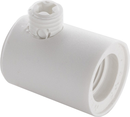 Vit plastkomponent med cylindrisk form och invändig gänga, och en mindre del ovanpå med ytterligare gängor.