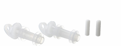Två vita plastfästen och två cylindriska plugg för montering.