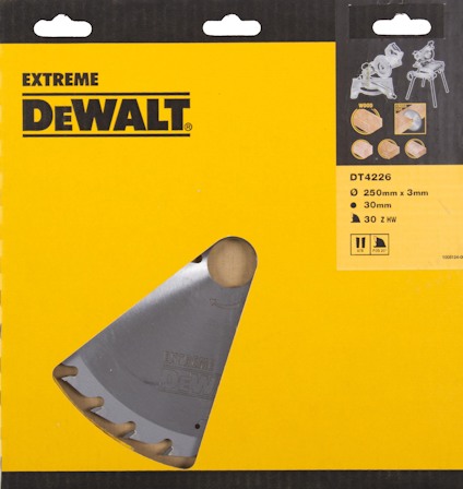 Gul DeWalt-förpackning med sågklinga DT4226 för trä, 250mm x 3mm, 30mm, 30 Z HW.