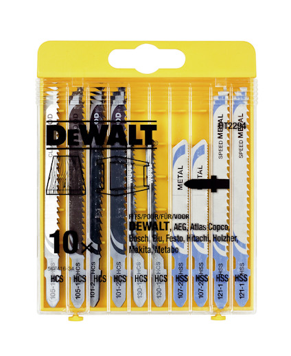 Förpackning med 10 sticksågsblad av märket DeWalt med olika blad för trä och metall.