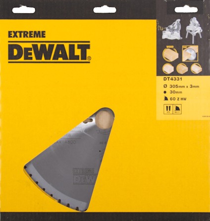 DeWalt sågklinga i förpackning, modell DT4331, 305x3mm, 30mm hål, 60 tänder, Hårdmetall HW, för trä.