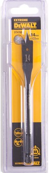 Förpackning med DeWalt flatborr, etikett med varumärke och symboler för funktioner.
