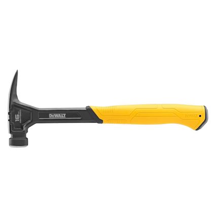 Svart och gul hammare med en klon för rivning och ett slätt huvud, märkt DeWALT.