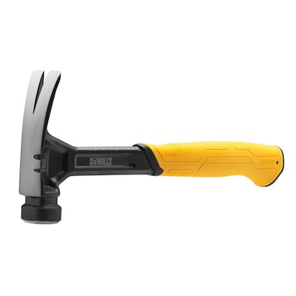 En hammare med gul och svart handtag samt metallhuvud, märkt "DEWALT".